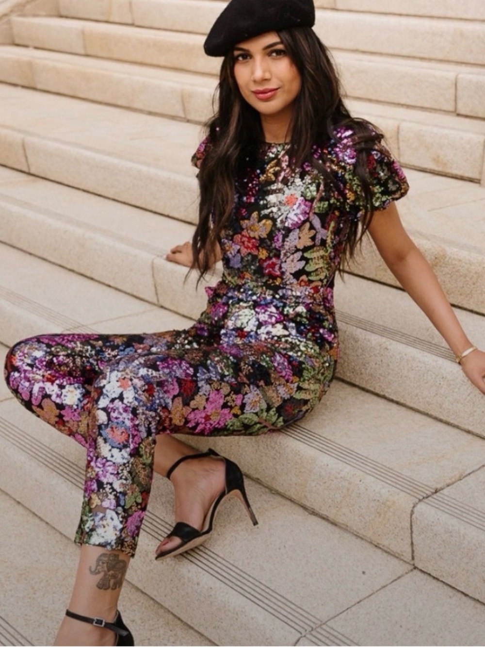 Ivy City Co Anthropologie Multicolor Sequined Floral Jumpsuit w/ Flutter Sleeves